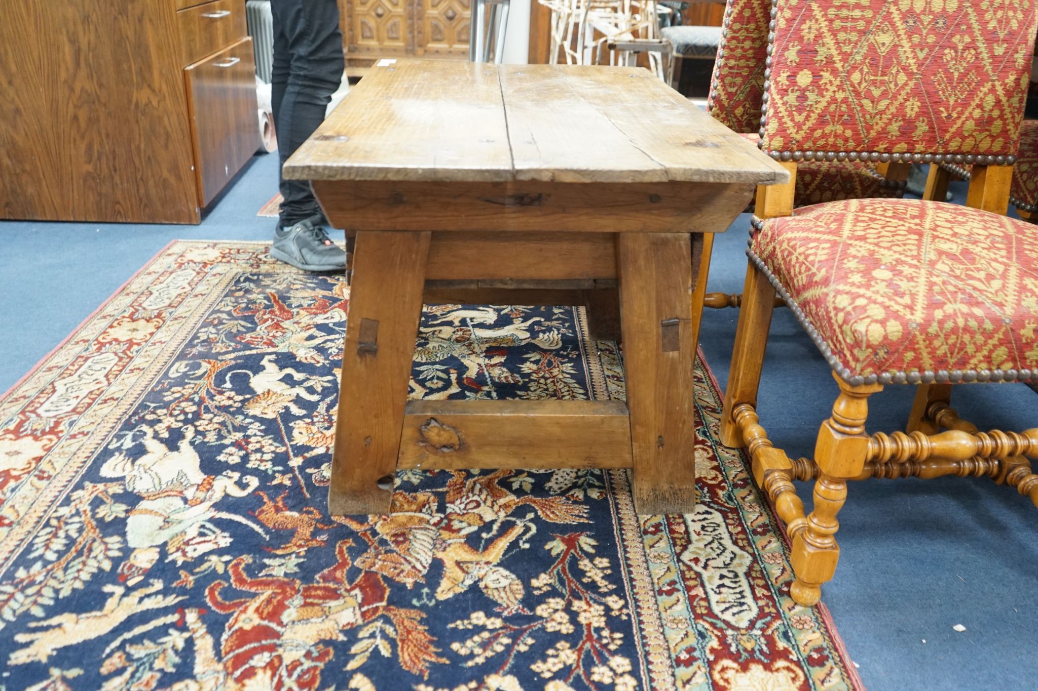 An 18th century style French Provincial fruitwood two drawer low table, width 95cm, depth 59cm, height 60cm